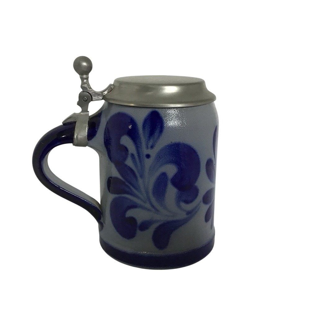 Stein-Mug Stoneware Vintage‎ Primitive Inspired Blue Floral With Lid Beer Stein - Picture 3 of 9
